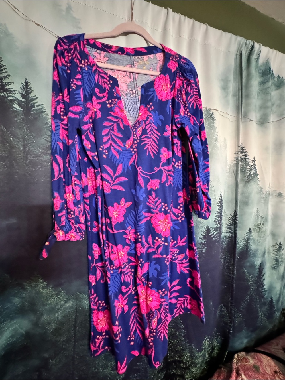 Lilly Pulitzer Navy Blue Dress with Hot Pink Floral Print Large